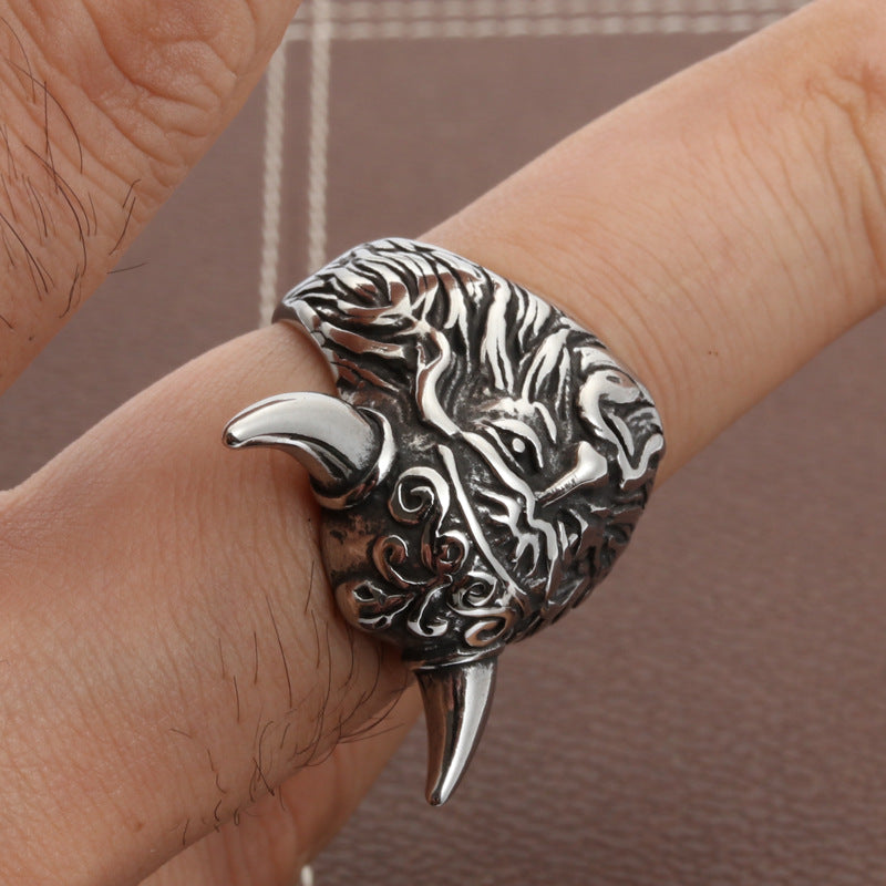 Titanium Steel Bullhead Ring for Men - Bold Punk Rock Stainless Steel Accessory