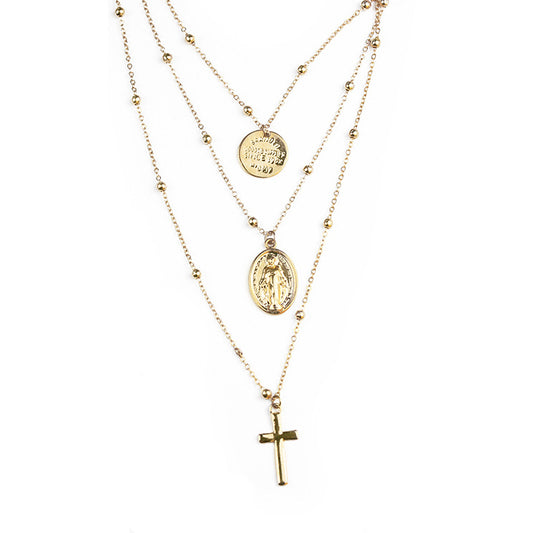 Fashionable Gold Coin Cross Necklace with Alloy Chain and Elegant Design