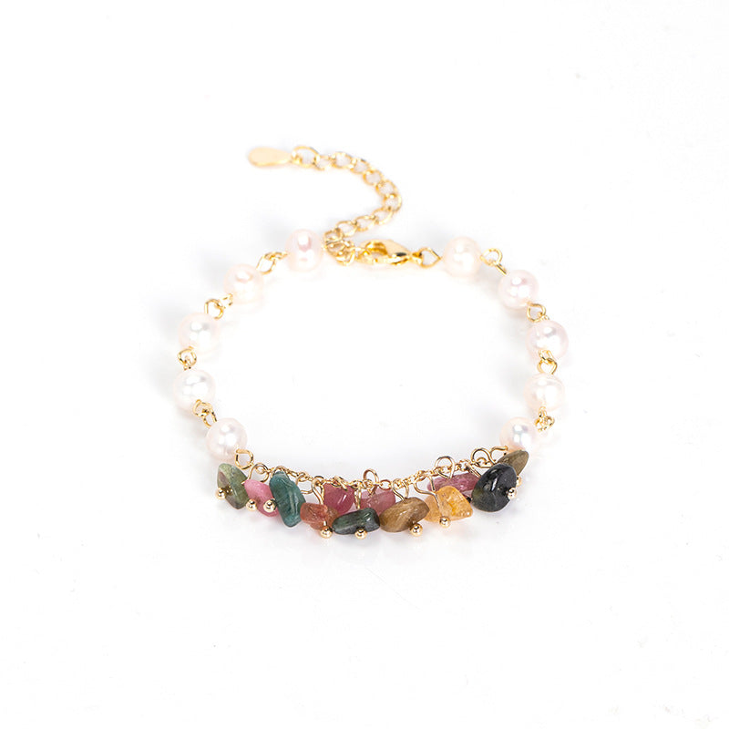 Gold-Plated Flex Bracelet with Crystal, Tourmaline, and Pearl for Women