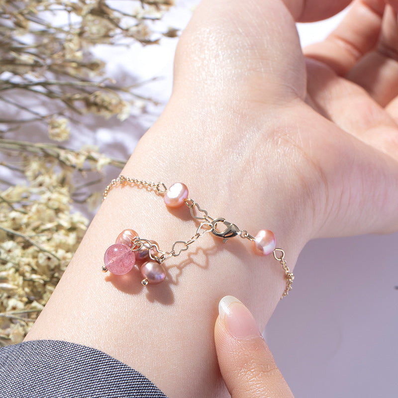 Peach Blossom Crystal and Pearl Bracelet for Women in Gold Plated Sterling Silver