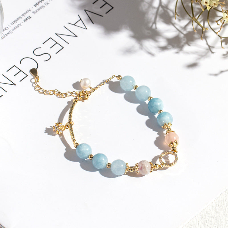 Pink Crystal Aquamarine Sterling Silver Bracelet