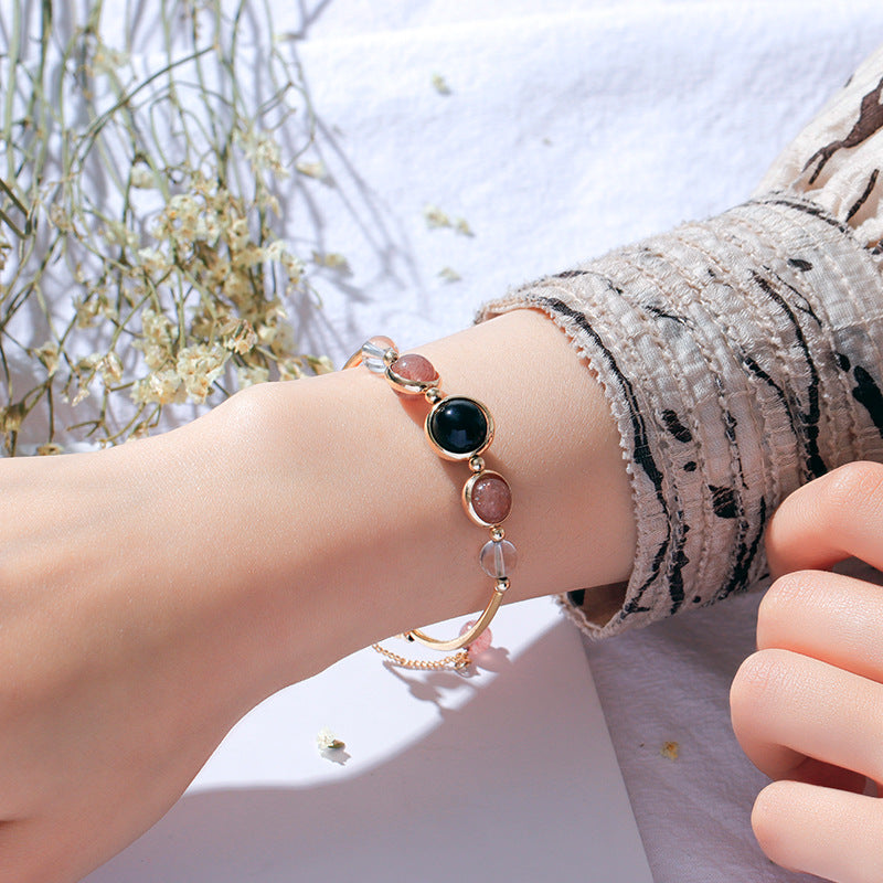 Fortune's Favor Sterling Silver Crystal and Obsidian Multi-Treasure Bracelet for School Girls