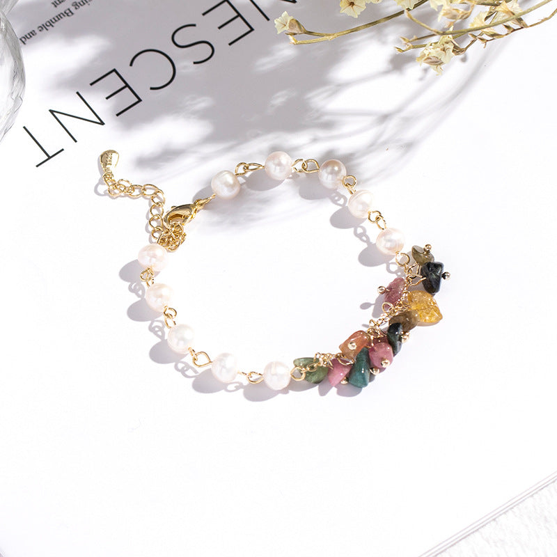 Gold-Plated Flex Bracelet with Crystal, Tourmaline, and Pearl for Women