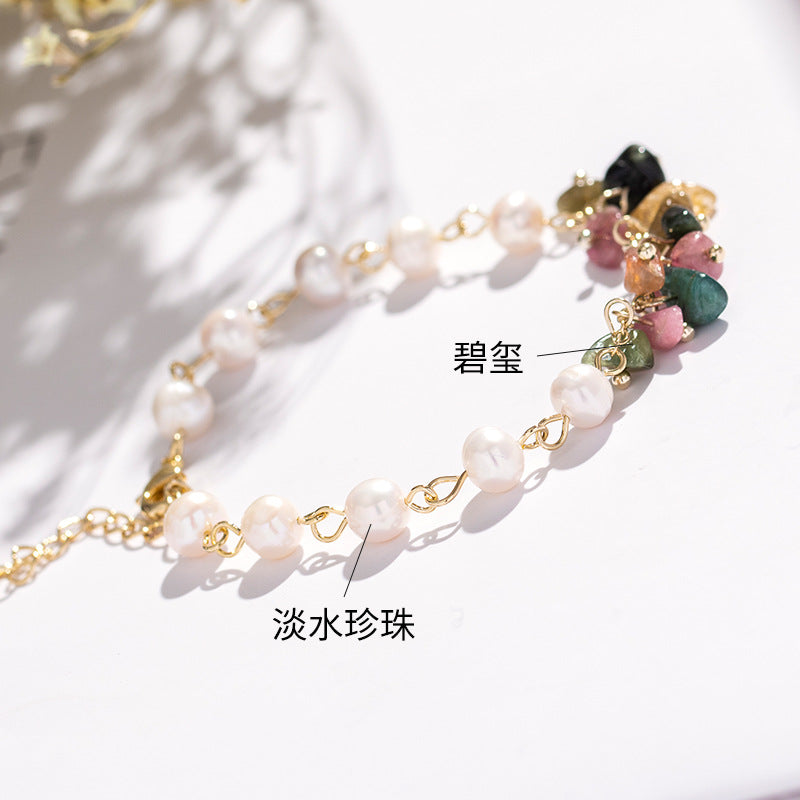 Gold-Plated Flex Bracelet with Crystal, Tourmaline, and Pearl for Women