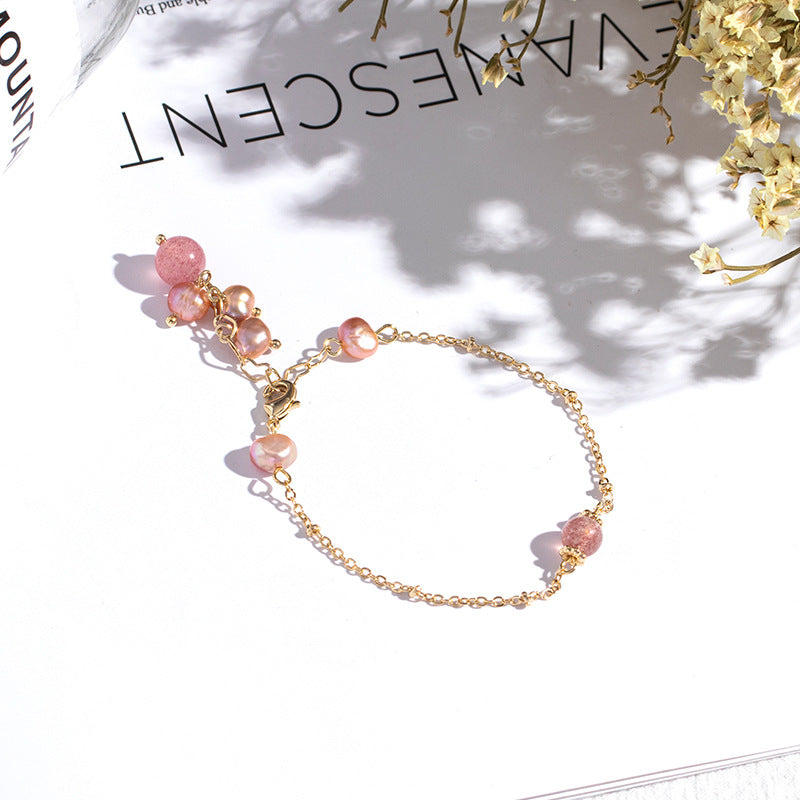 Peach Blossom Crystal and Pearl Bracelet for Women in Gold Plated Sterling Silver