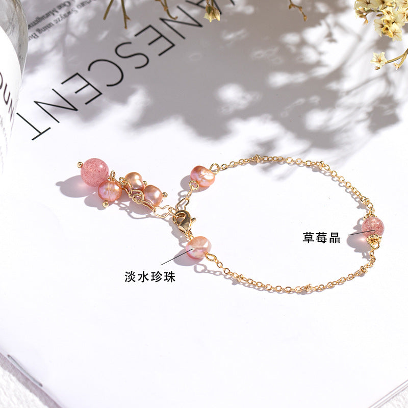 Peach Blossom Crystal and Pearl Bracelet for Women in Gold Plated Sterling Silver