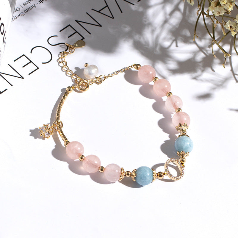 Pink Crystal Aquamarine Sterling Silver Bracelet