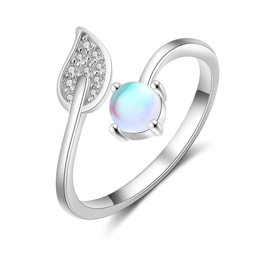 Zircon Leaf Round Moon Stone Opening Sterling Silver Ring