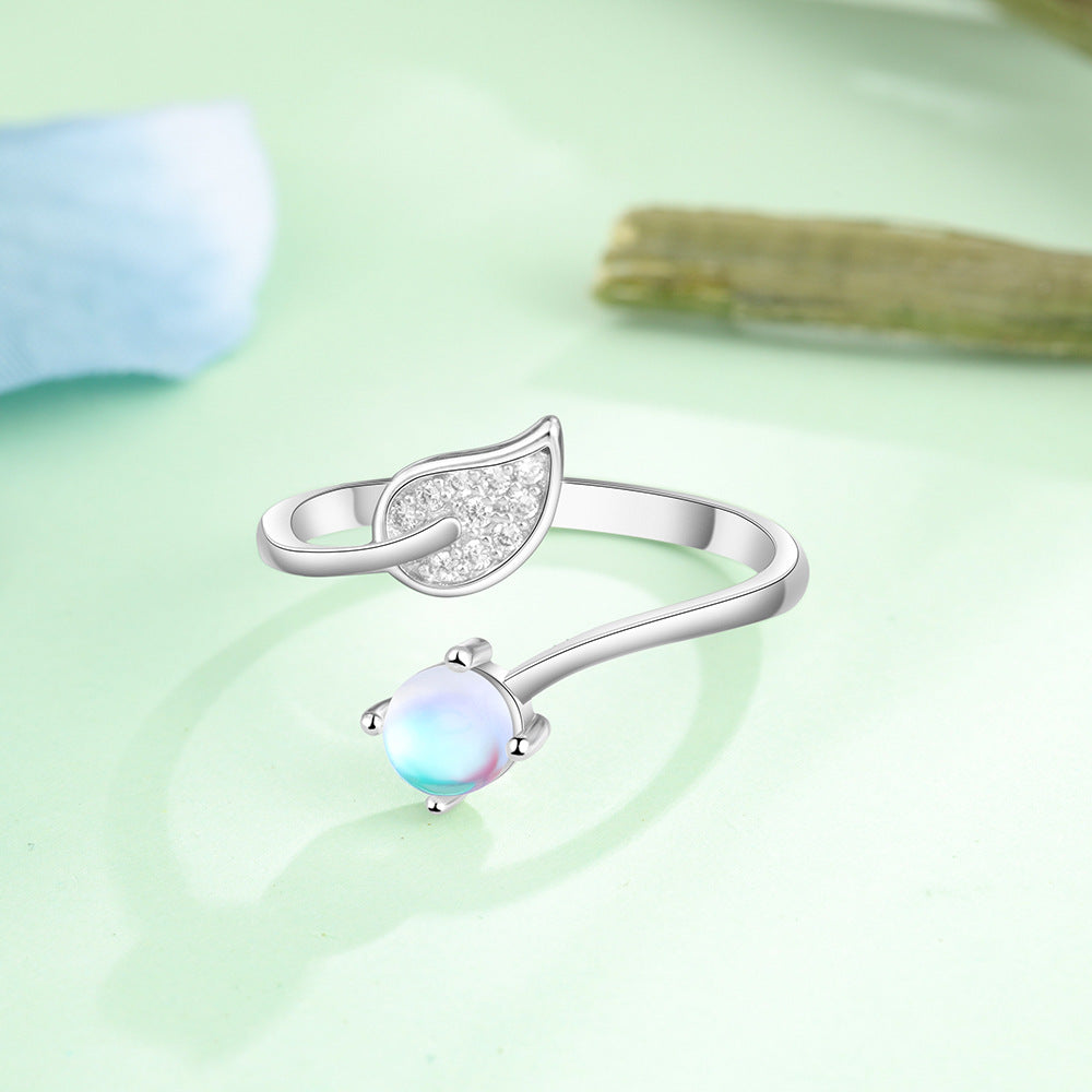 Zircon Leaf Round Moon Stone Opening Sterling Silver Ring