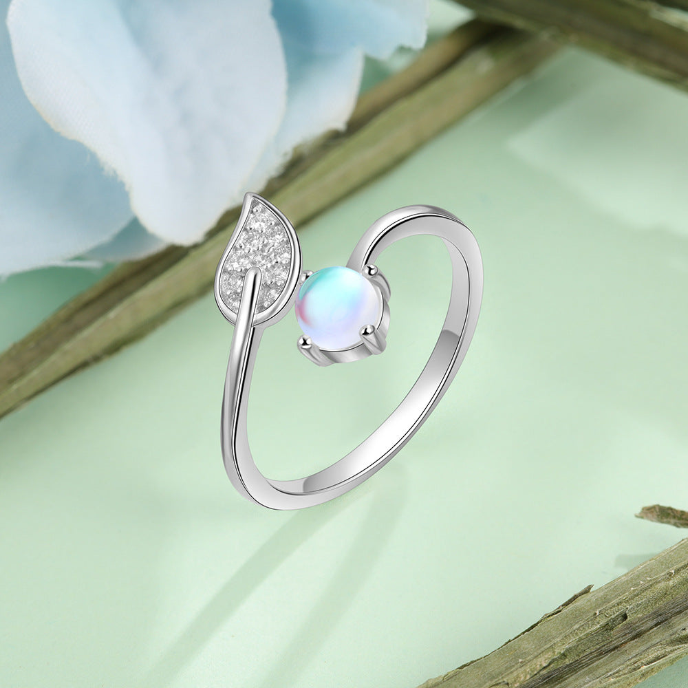 Zircon Leaf Round Moon Stone Opening Sterling Silver Ring