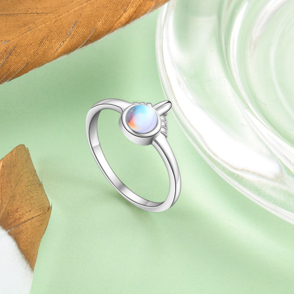 Single Horn Design Round Moon Stone Sterling Silver Ring