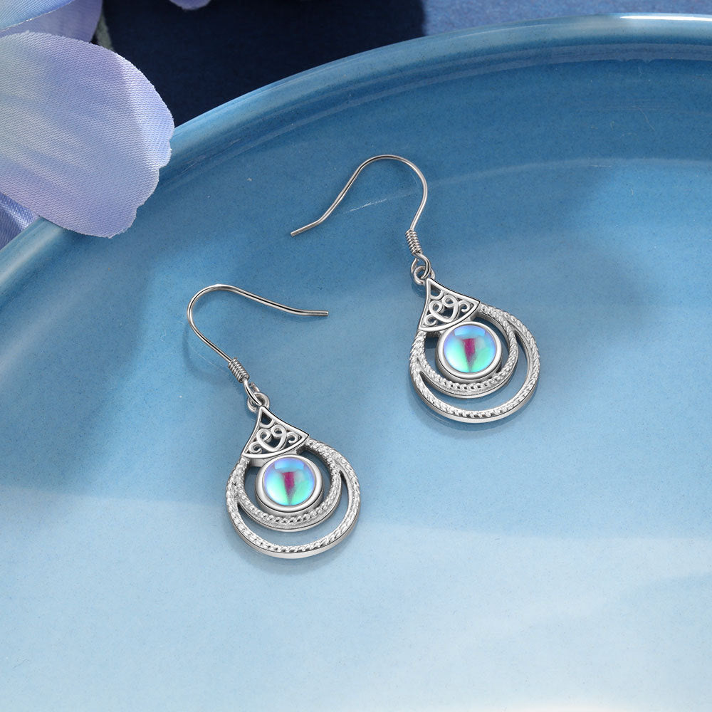 Round Moon Stone Bohemian Style Pendant Sterling Silver Earrings