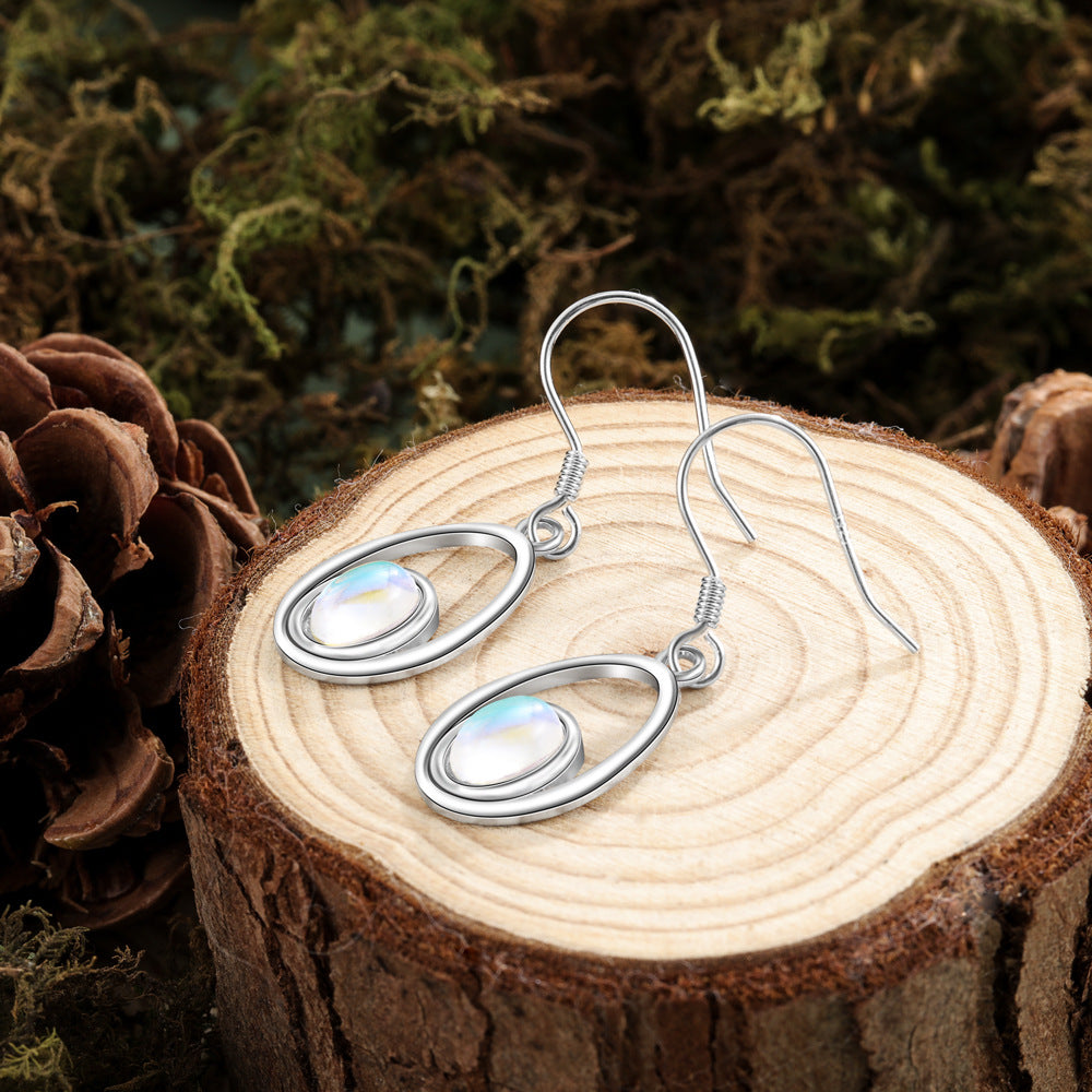 Hollow Water Drop Pendant Oval Moon Stone Sterling Silver Earrings