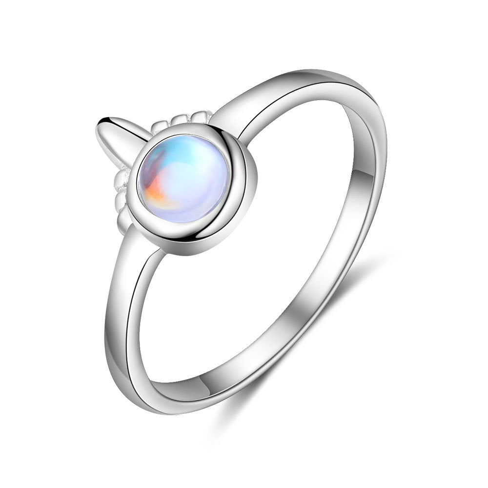 Single Horn Design Round Moon Stone Sterling Silver Ring