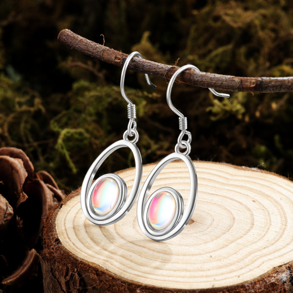 Hollow Water Drop Pendant Oval Moon Stone Sterling Silver Earrings