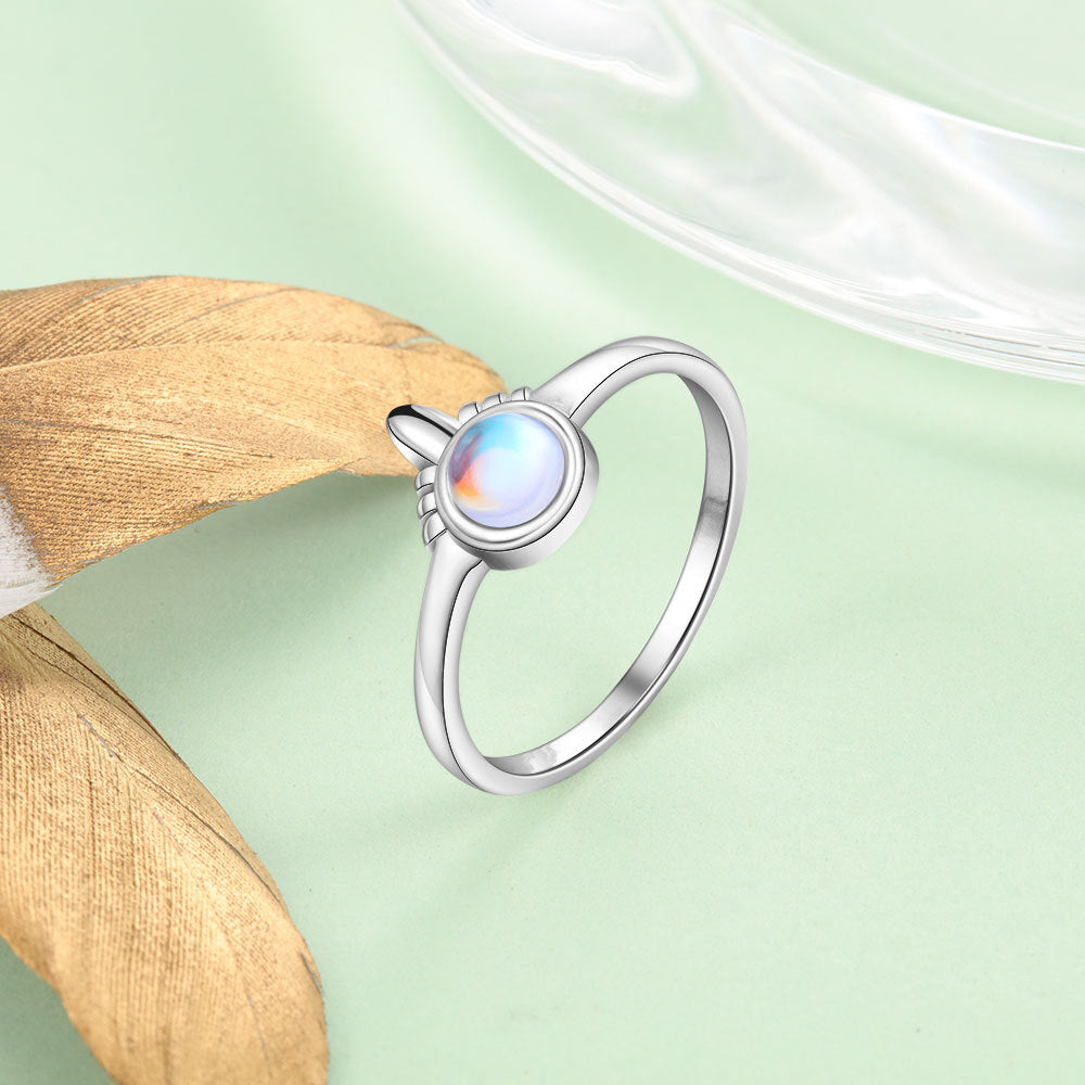 Single Horn Design Round Moon Stone Sterling Silver Ring