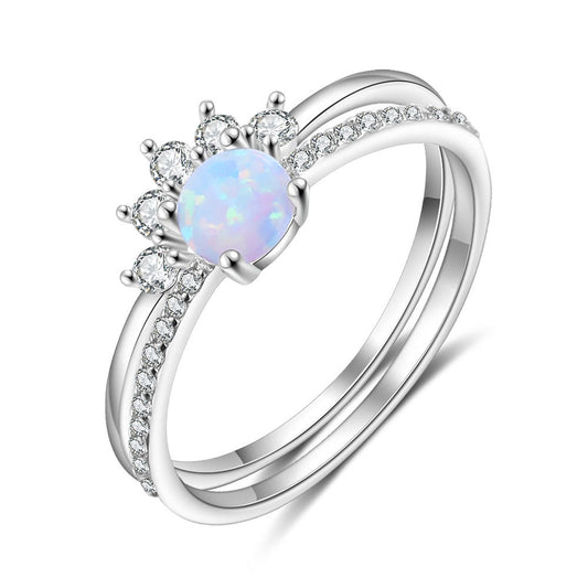 Round Opal Zircon Sterling Silver Ring Set