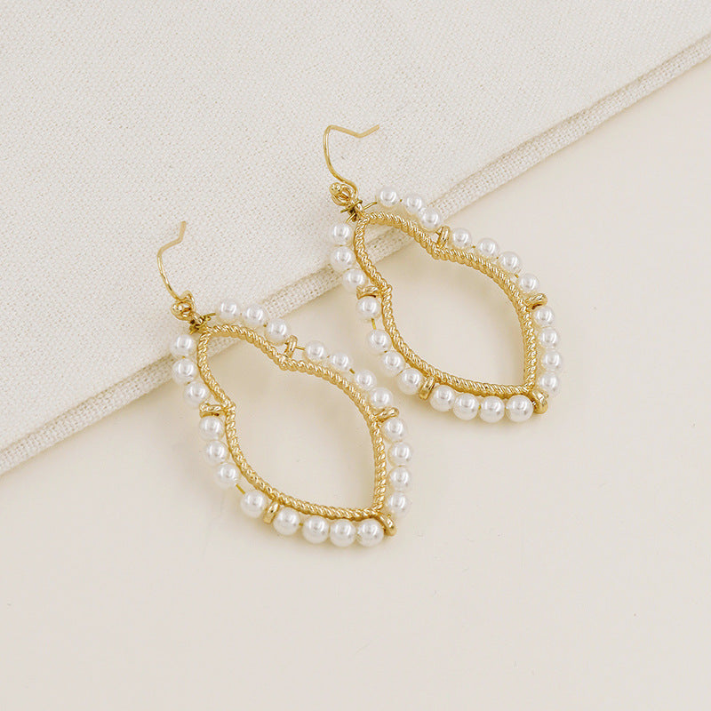 Geometric Gourd Design Metal Earrings with Pearl Accents, Trendy Instagram Style, Stylish Cross-border Fashion Accessory