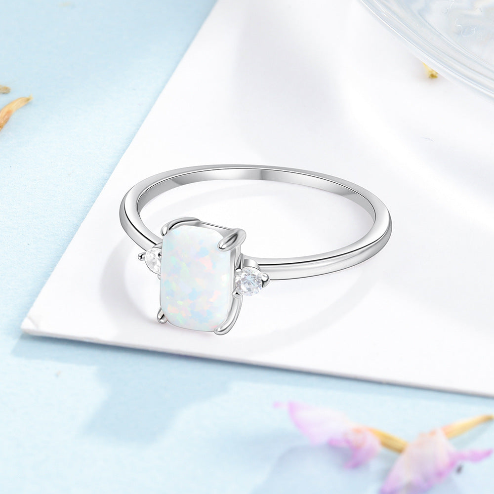 Rectangle Opal with Two Small Zircon Sterling Silver Ring