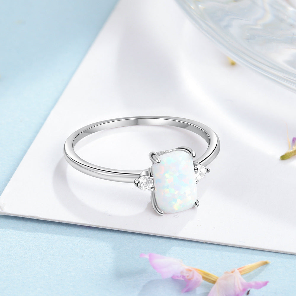 Rectangle Opal with Two Small Zircon Sterling Silver Ring