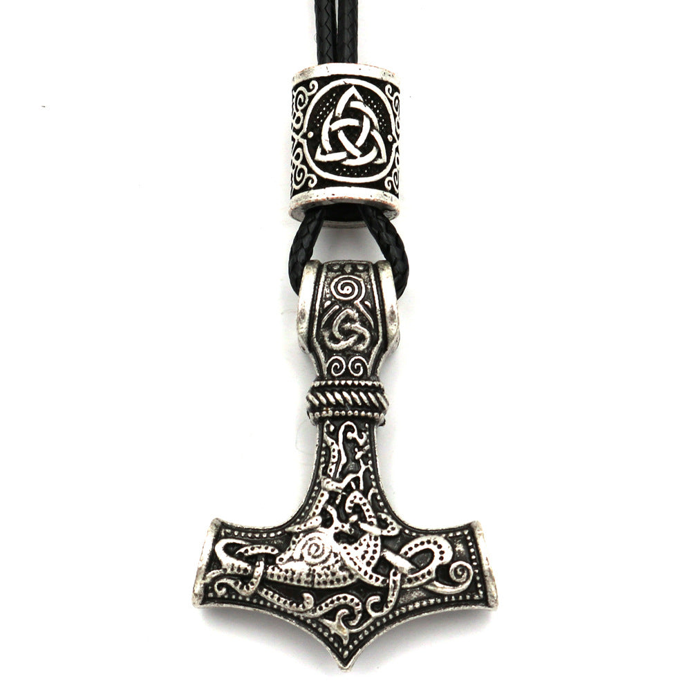 Viking Thor Hammer Metal Necklace with Rune Beads - Norse Legacy Collection - Men's Nordic Mythology Accessory