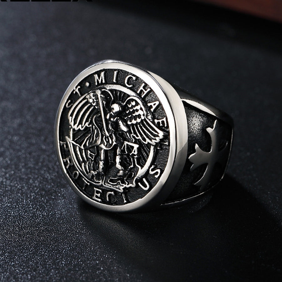 Jihad Angel Saint Cross Titanium Steel Ring for Men