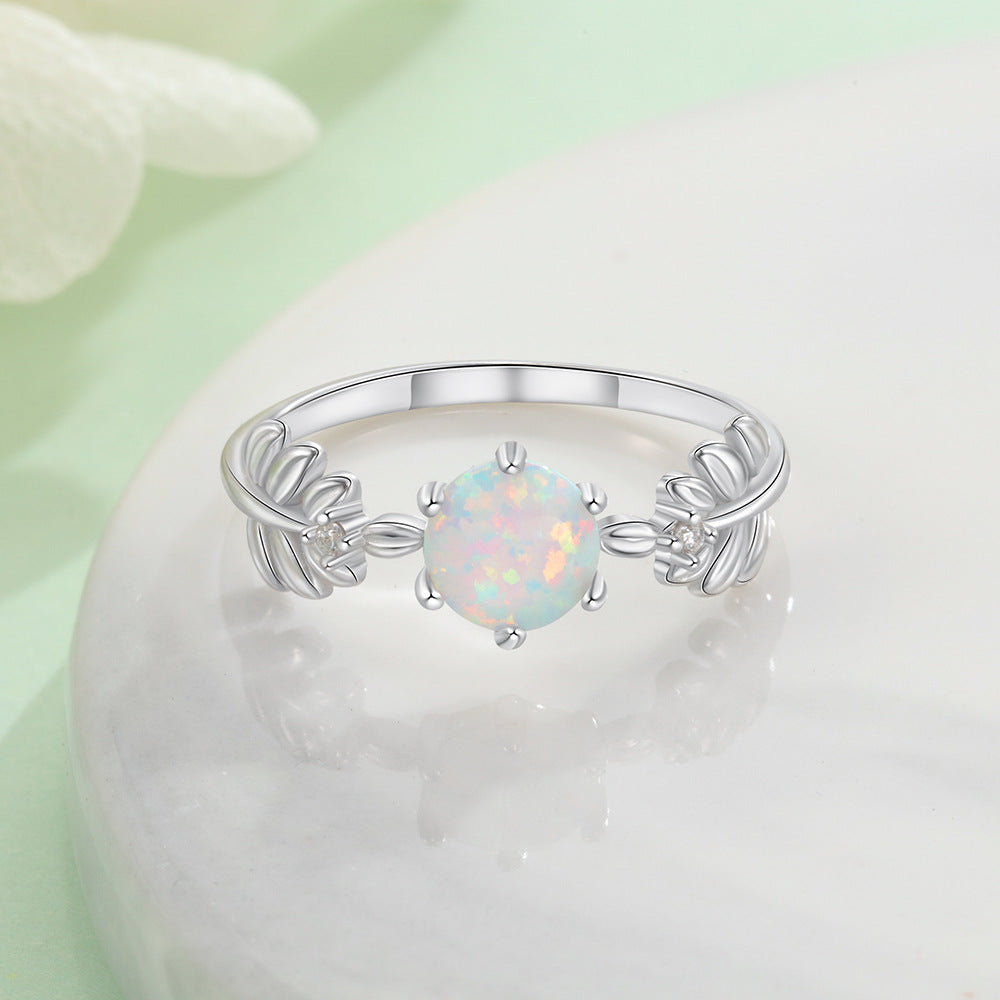 Round Opal Leaf with Small Zircon Sterling Silver Ring