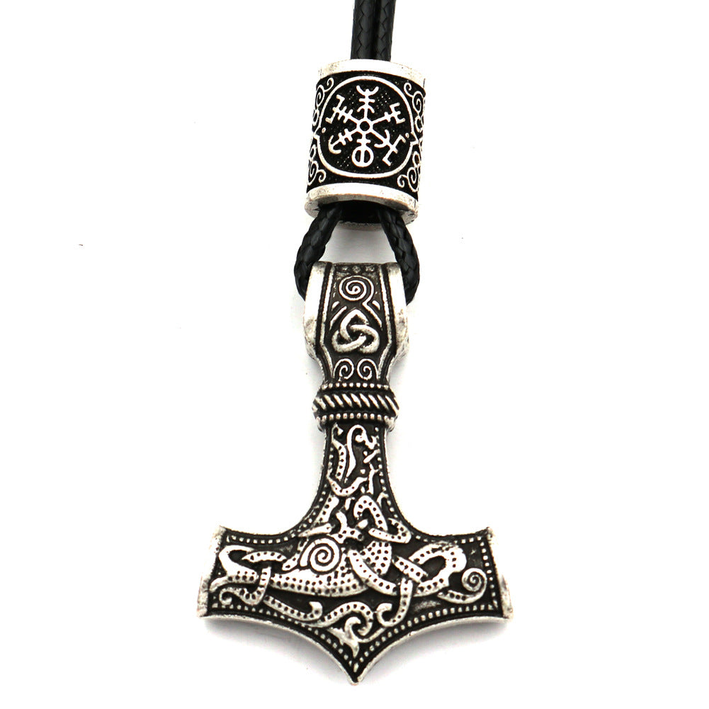 Viking Thor Hammer Metal Necklace with Rune Beads - Norse Legacy Collection - Men's Nordic Mythology Accessory