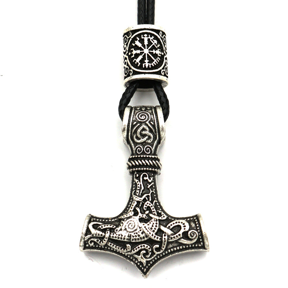 Viking Thor Hammer Metal Necklace with Rune Beads - Norse Legacy Collection - Men's Nordic Mythology Accessory