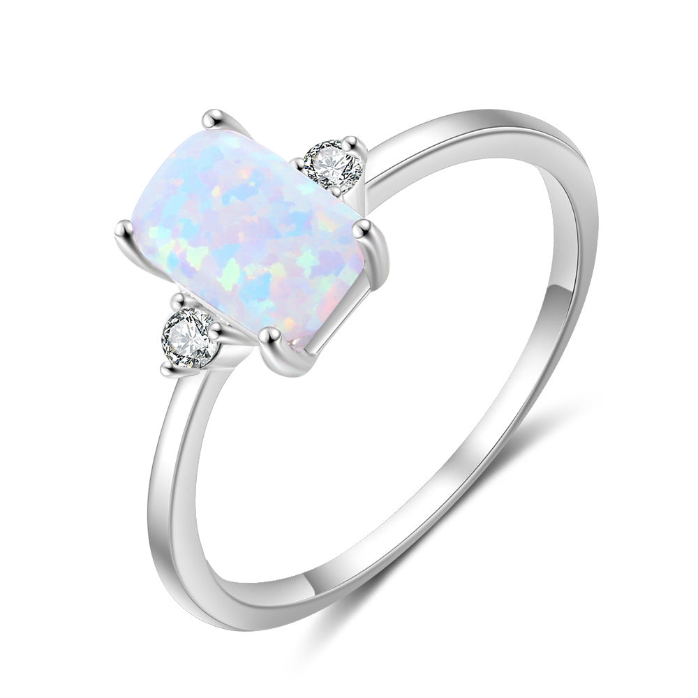 Rectangle Opal with Two Small Zircon Sterling Silver Ring