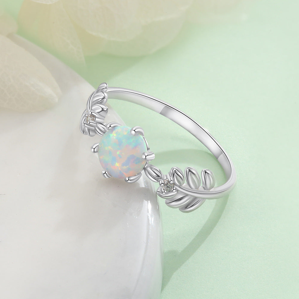 Round Opal Leaf with Small Zircon Sterling Silver Ring