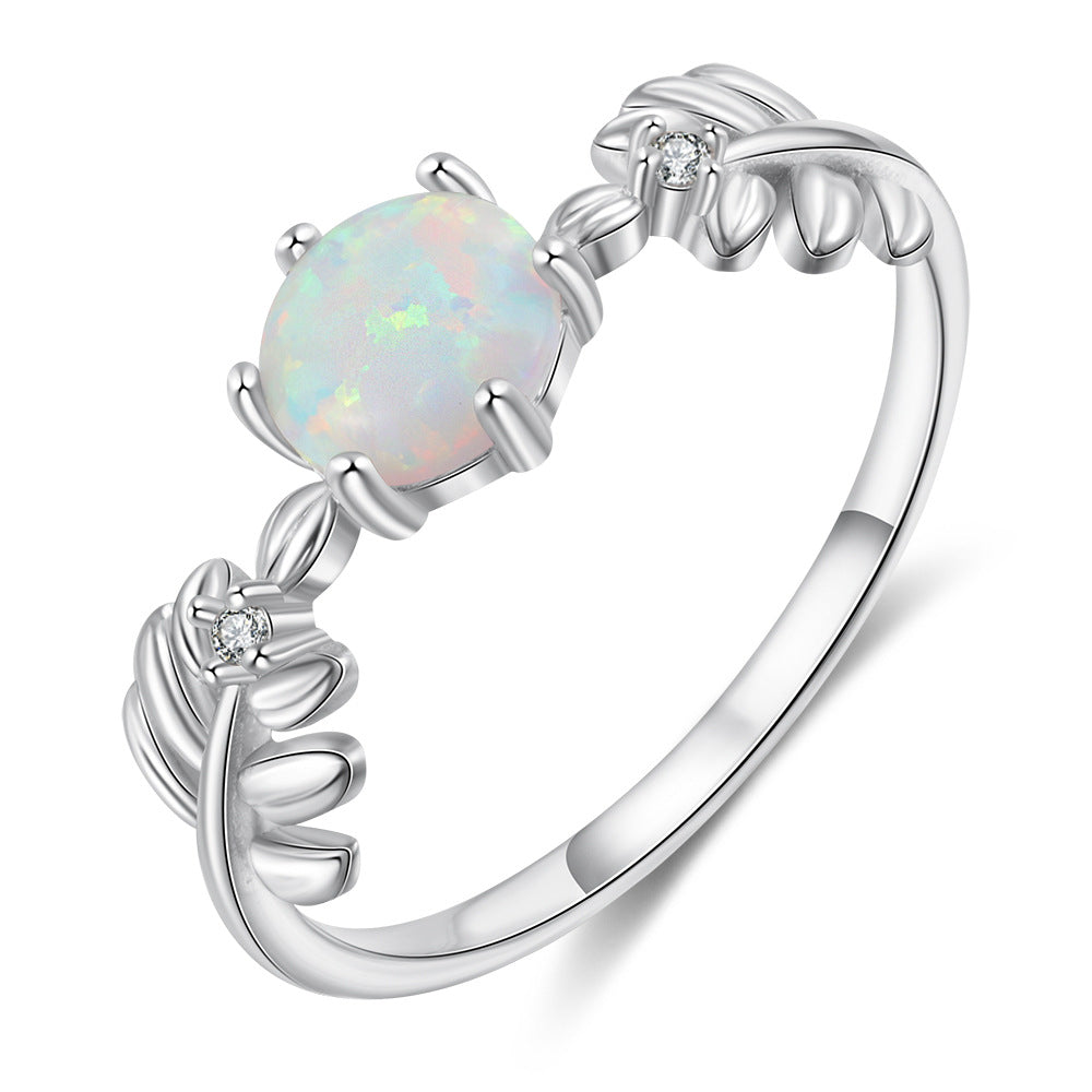 Round Opal Leaf with Small Zircon Sterling Silver Ring