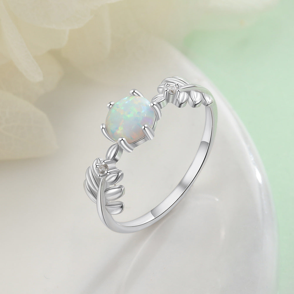 Round Opal Leaf with Small Zircon Sterling Silver Ring