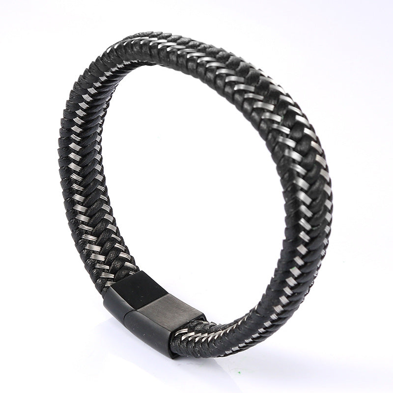 Vintage Leather and Titanium Steel Men's Bracelet - Customizable Stainless Steel Jewelry for Everyday Wear