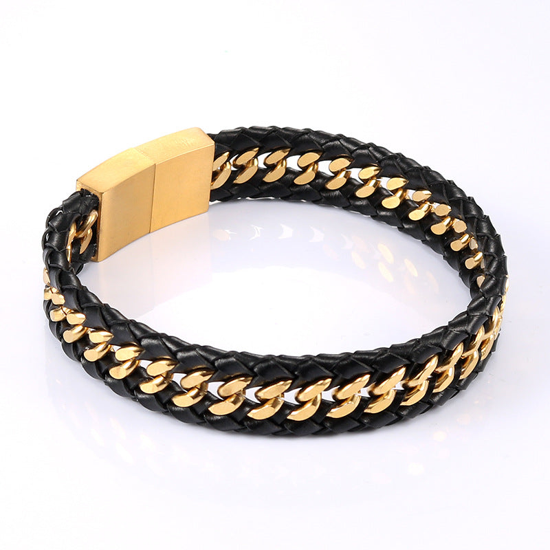 Stylish Retro Titanium Steel Leather Rope Bracelet for Men - Personalized Stainless Steel Jewelry