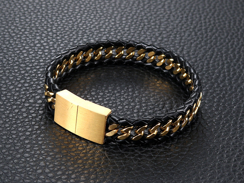 Stylish Retro Titanium Steel Leather Rope Bracelet for Men - Personalized Stainless Steel Jewelry