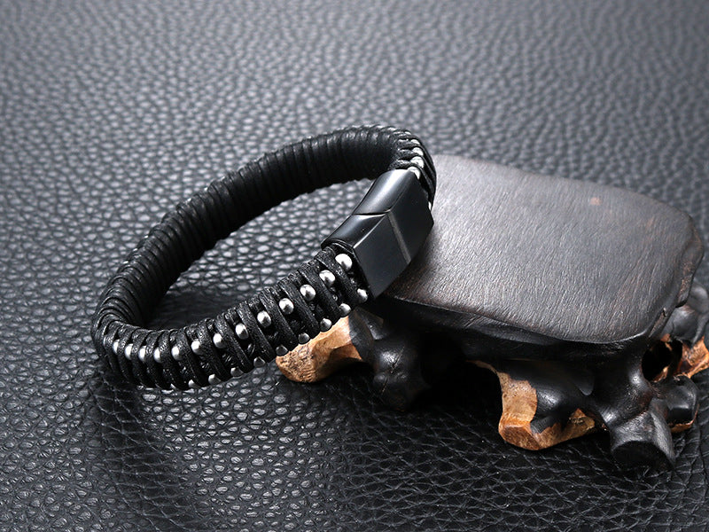 Men's Retro Stainless Steel Leather Rope Bracelet - Fashionable Wholesale Jewelry from Planderful