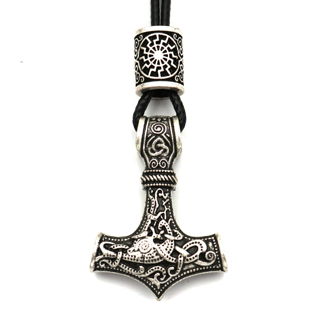 Viking Thor Hammer Metal Necklace with Rune Beads - Norse Legacy Collection - Men's Nordic Mythology Accessory