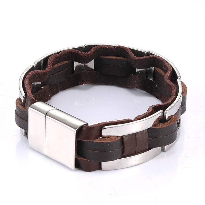 Stylish Korean Men's Leather and Stainless Steel Bracelet - Customized Retro Jewelry for Wholesale