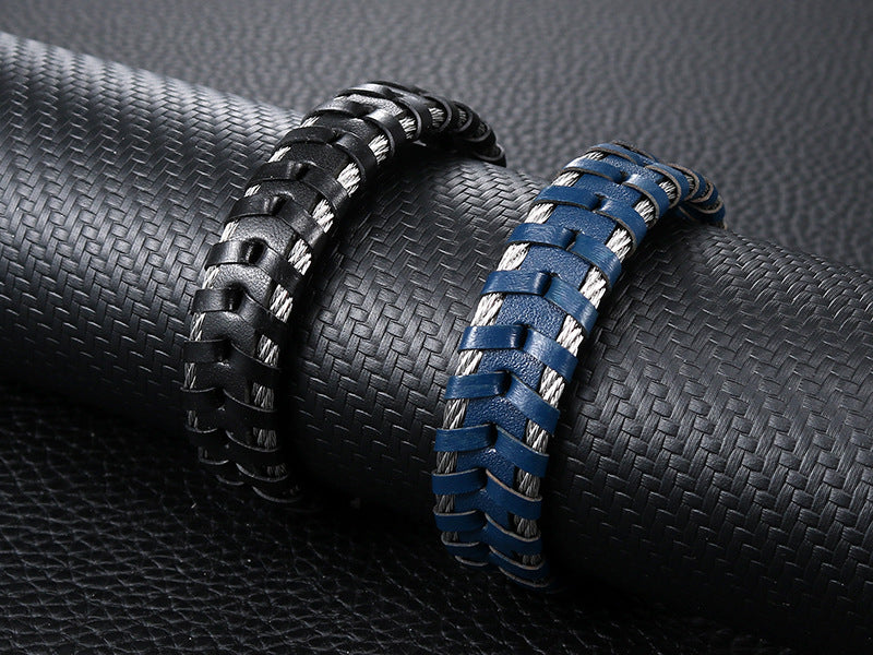 Stylish Titanium Steel and Leather Rope Bracelet for Men - Retro Personalized Jewelry