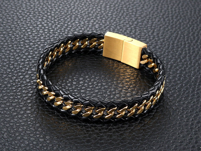 Stylish Retro Titanium Steel Leather Rope Bracelet for Men - Personalized Stainless Steel Jewelry