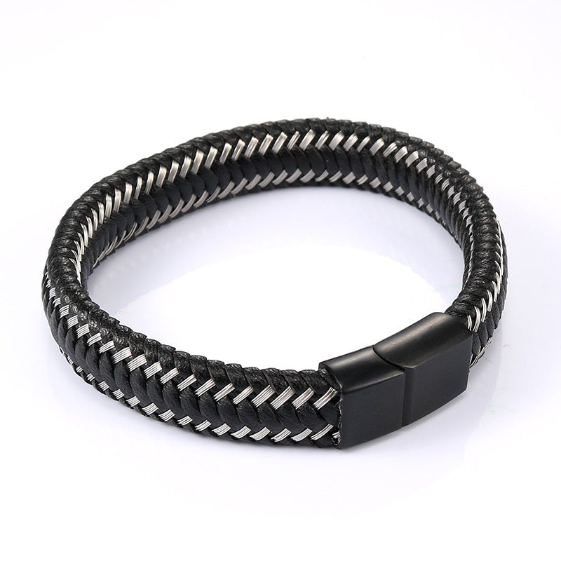 Vintage Leather and Titanium Steel Men's Bracelet - Customizable Stainless Steel Jewelry for Everyday Wear