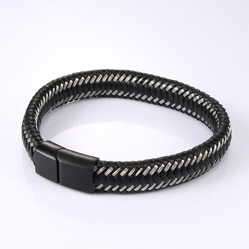 Vintage Leather and Titanium Steel Men's Bracelet - Customizable Stainless Steel Jewelry for Everyday Wear