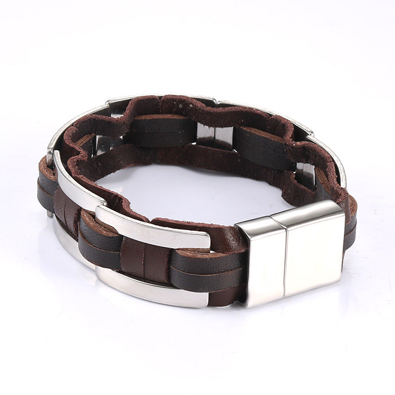 Stylish Korean Men's Leather and Stainless Steel Bracelet - Customized Retro Jewelry for Wholesale