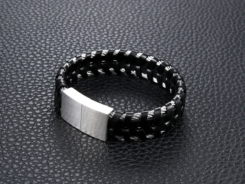 Stylish Titanium Steel and Leather Rope Bracelet for Men - Retro Personalized Jewelry