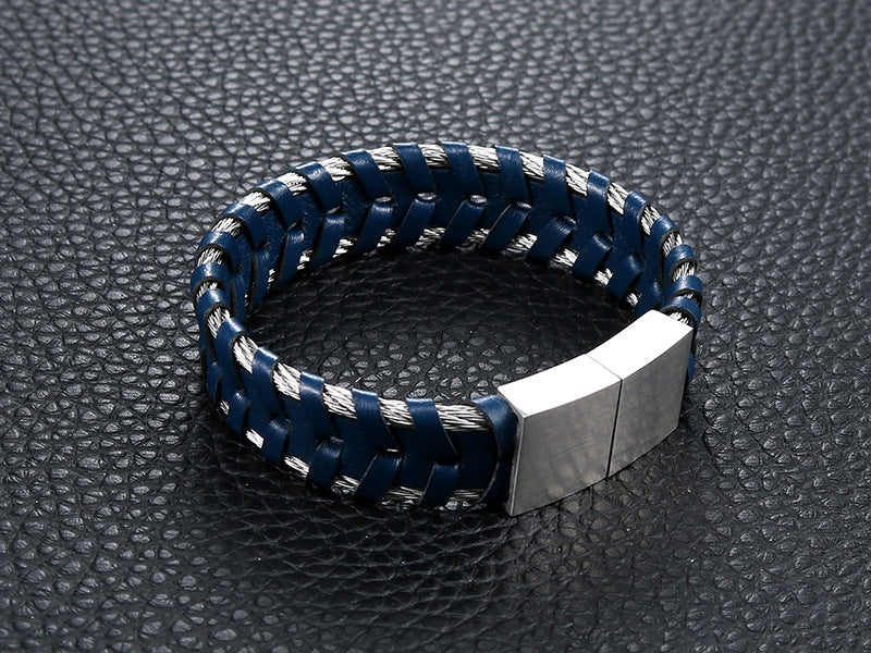 Stylish Titanium Steel and Leather Rope Bracelet for Men - Retro Personalized Jewelry