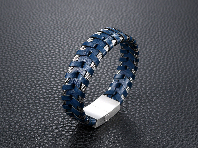 Stylish Titanium Steel and Leather Rope Bracelet for Men - Retro Personalized Jewelry