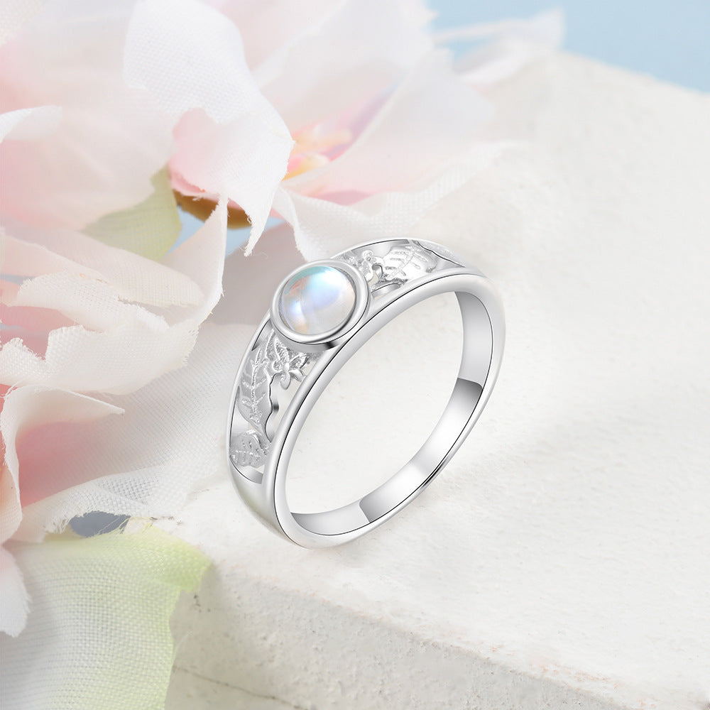 Round Moon Stone Hollow Out Leaf Pattern Sterling Silver Ring