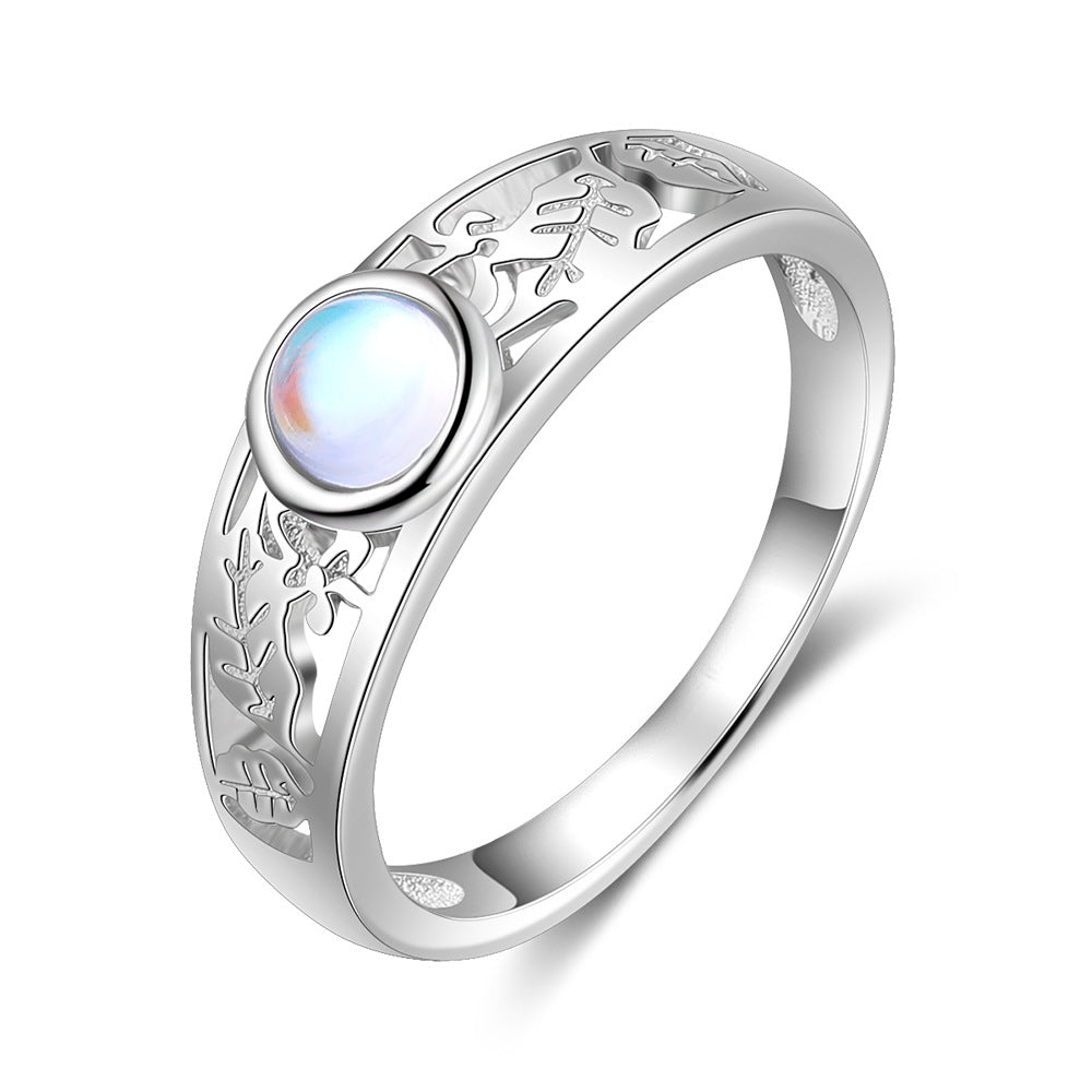 Round Moon Stone Hollow Out Leaf Pattern Sterling Silver Ring