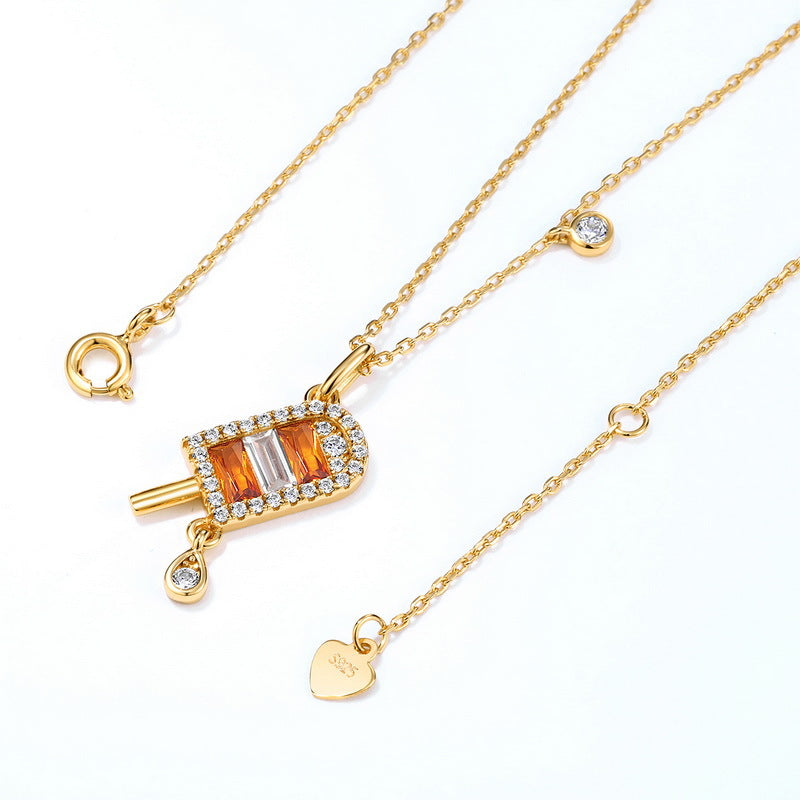 Orange Flavor Popsicle Pendant Zircon Sterling Silver Necklace